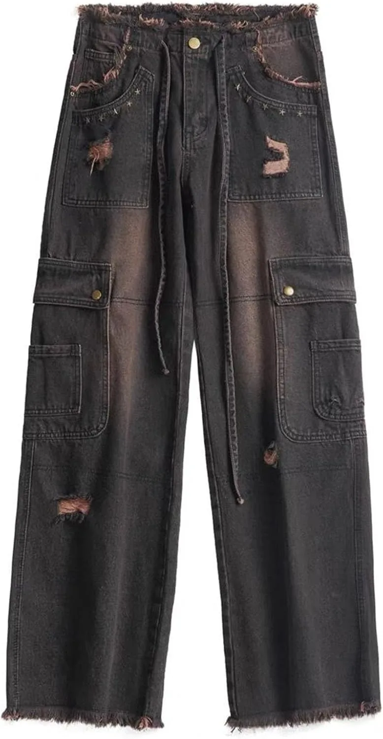 

Женские джинсы в стиле ретро с потертостями и прорезями, прямые широкие UICIOP