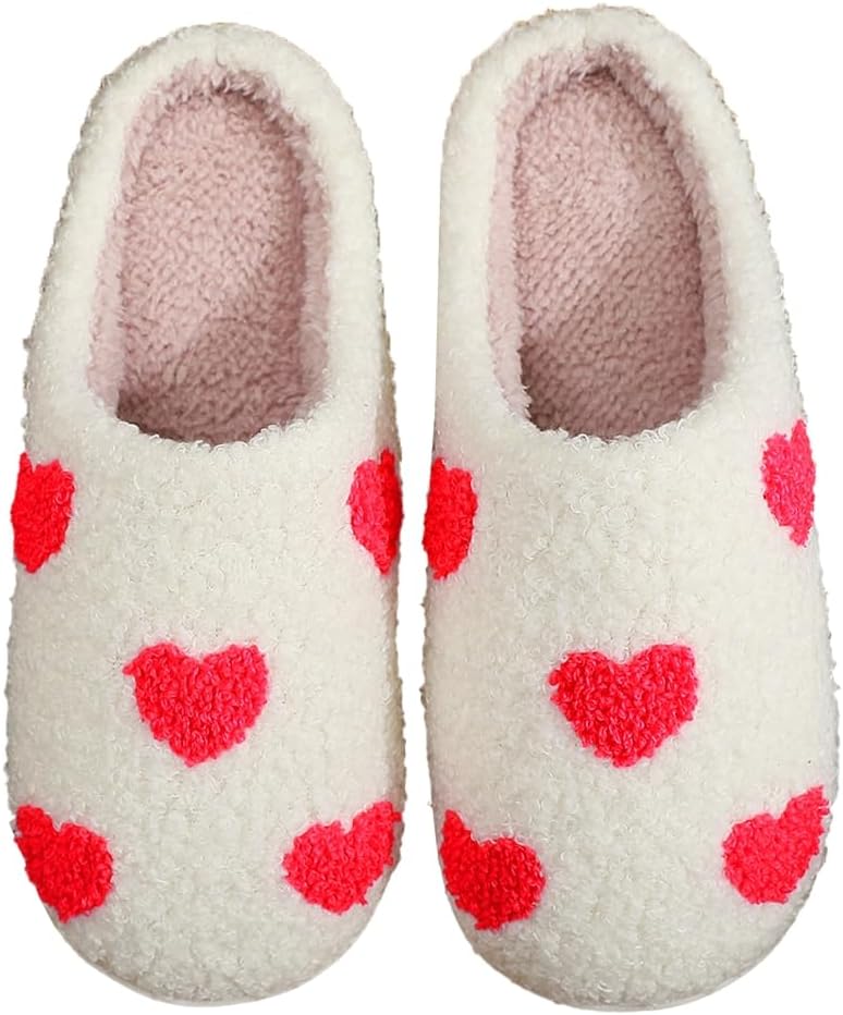 

Тапочки EMGILL Fuzzy для унисекс с милым рисунком мини-сердечек, плюшевые, на липучке, с нескользящей подошвой, подарок на День святого Валентина, белый/красный