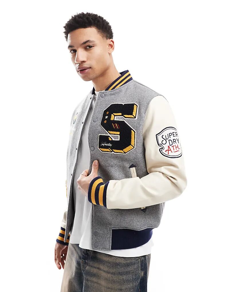 Куртка-бомбер Superdry College с заплатками серого меланжевого цвета — фото 2