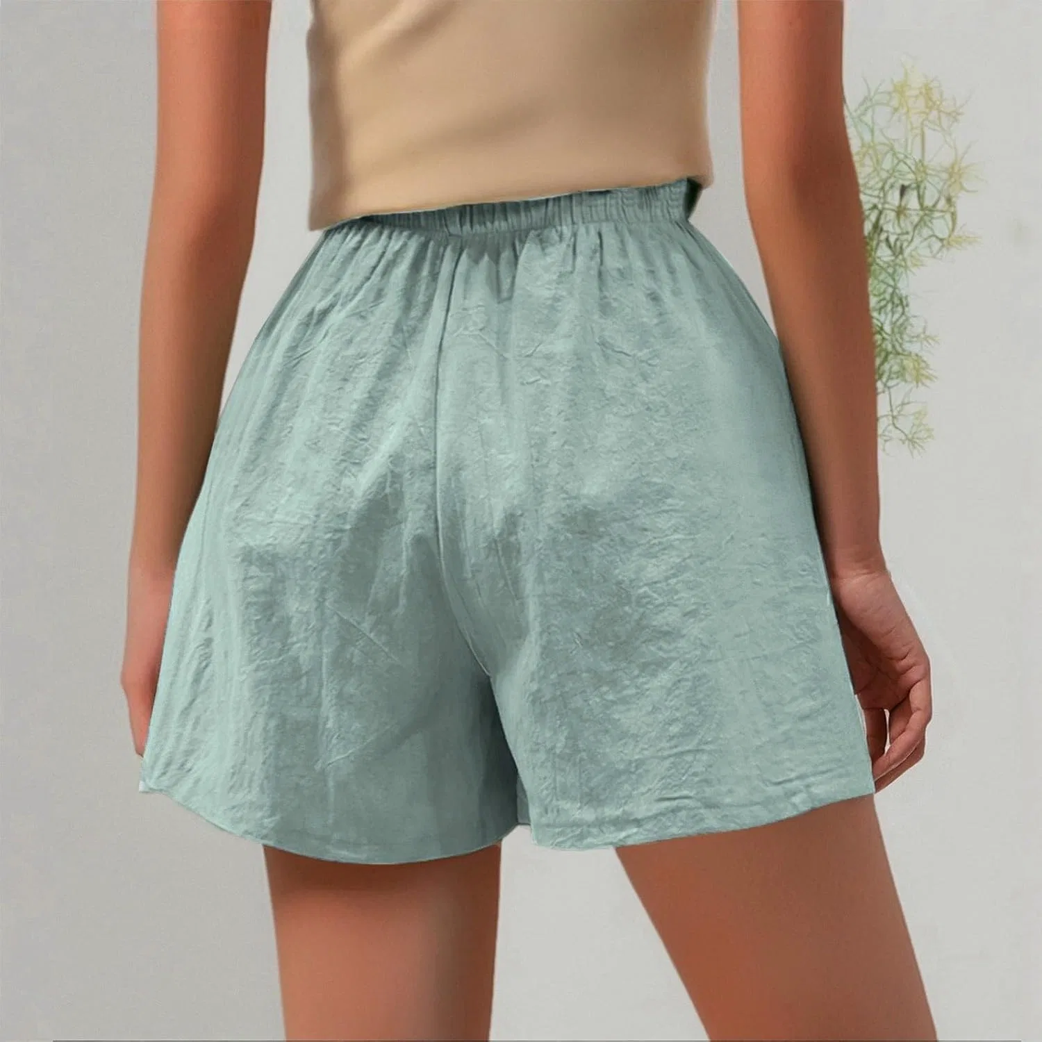 Шорты для женщин широкие с высокой талией, Linen Shorts, Mint Green — фото 2