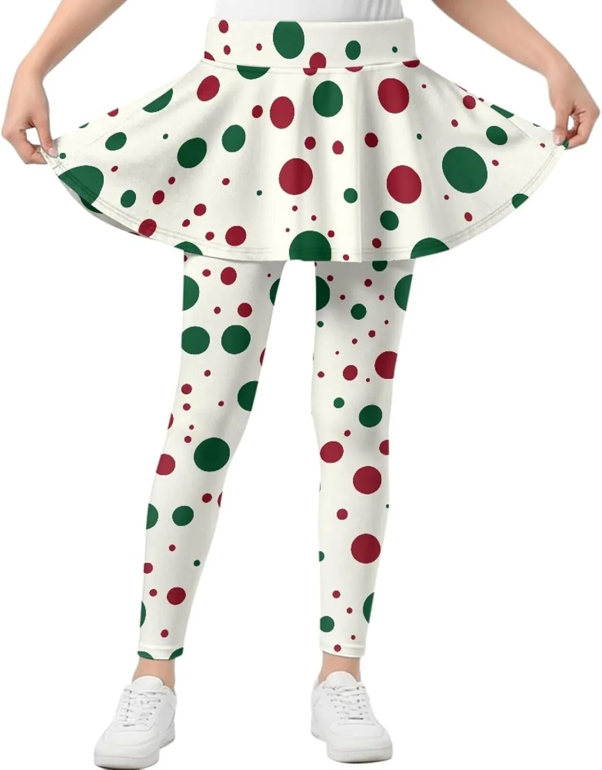 Леггинсы с юбкой 2-в-1 для девочек Hresuewn, Red Green Polka Dot-white
