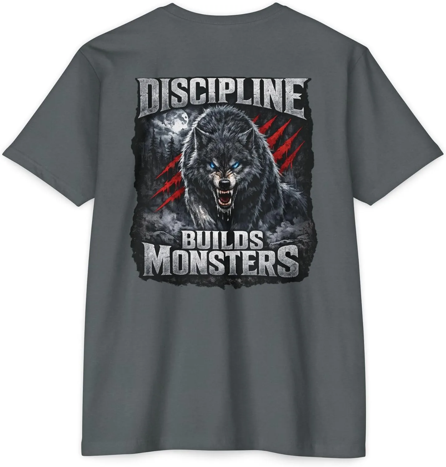 Футболка для тренировок Mental Toughness Gym Shirt с принтом "Дисциплина создает монстров" и волком в темных тонах GENERIC, Heather Heavy Metal — фото 3