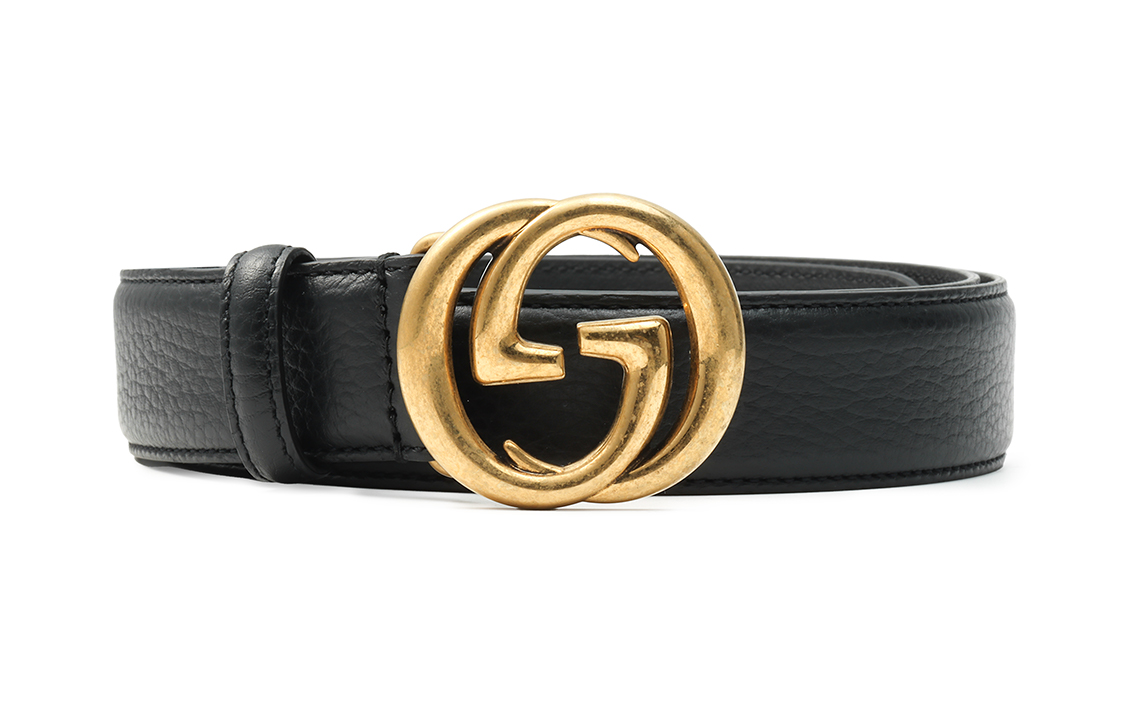 

Кожаный ремень мужской черный с гладкой пряжкой Interlocking Double G, ширина 3 см GUCCI
