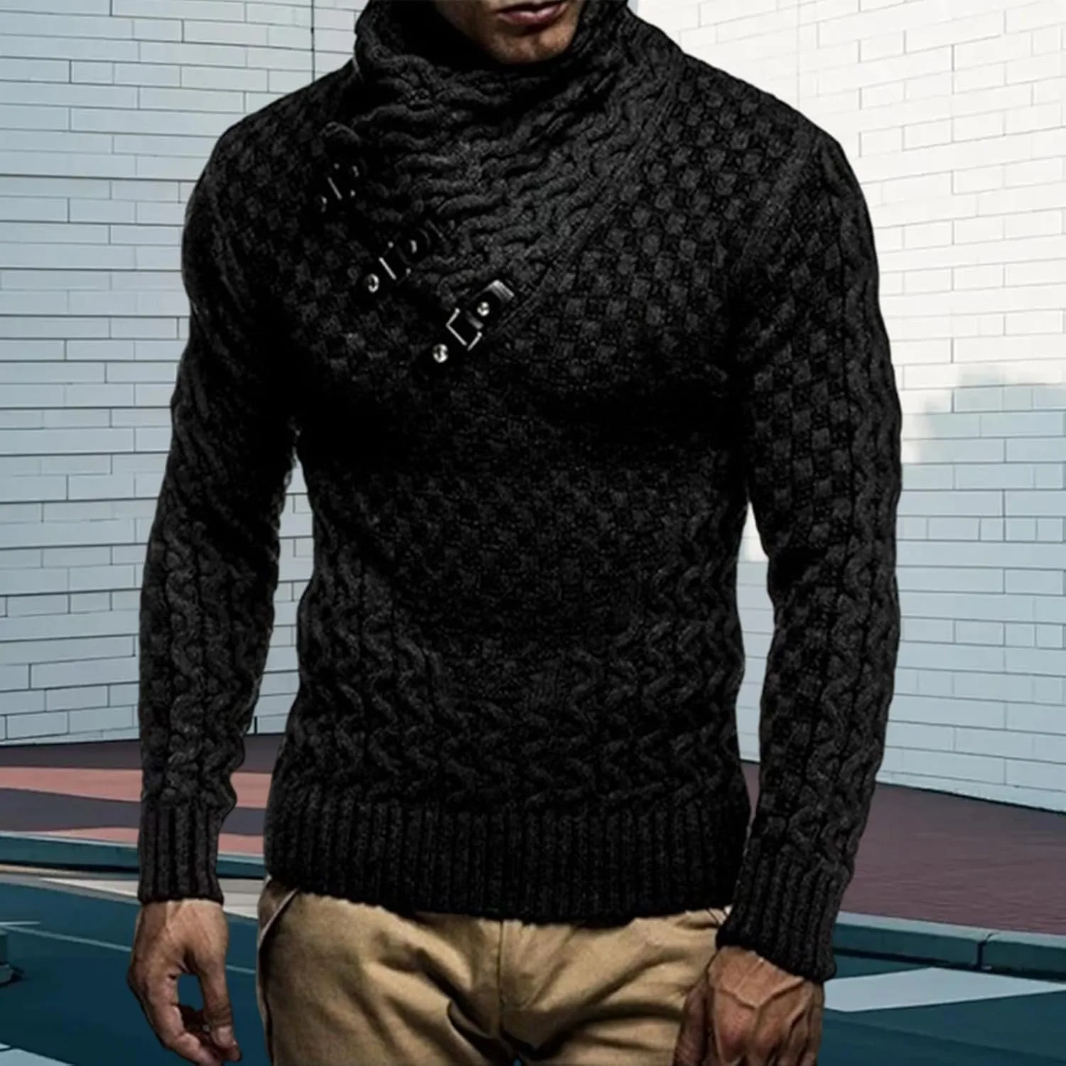 Мужской свитер с воротником-шалью, Slim Fit, длинный рукав, объемная вязка — фото 2