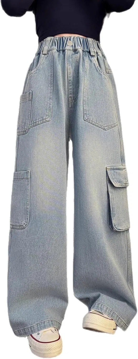 Джинсы карго, свободные, Wide Leg High Waist, Blue-04