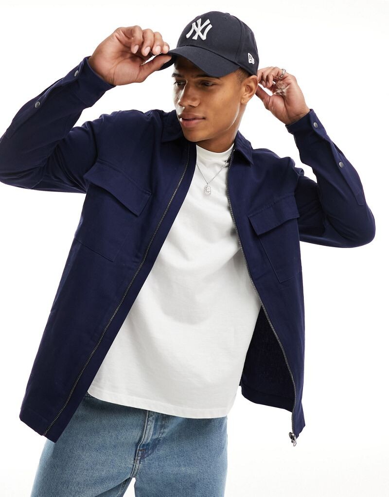 

Темно-синяя твиловая куртка на молнии ASOS DESIGN