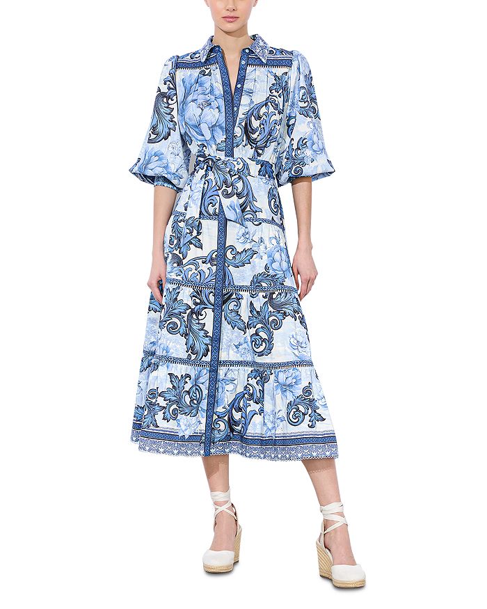 

Женское платье Geneva с принтом, многоярусным кроем и рукавами-блузон Alice and Olivia, синий
