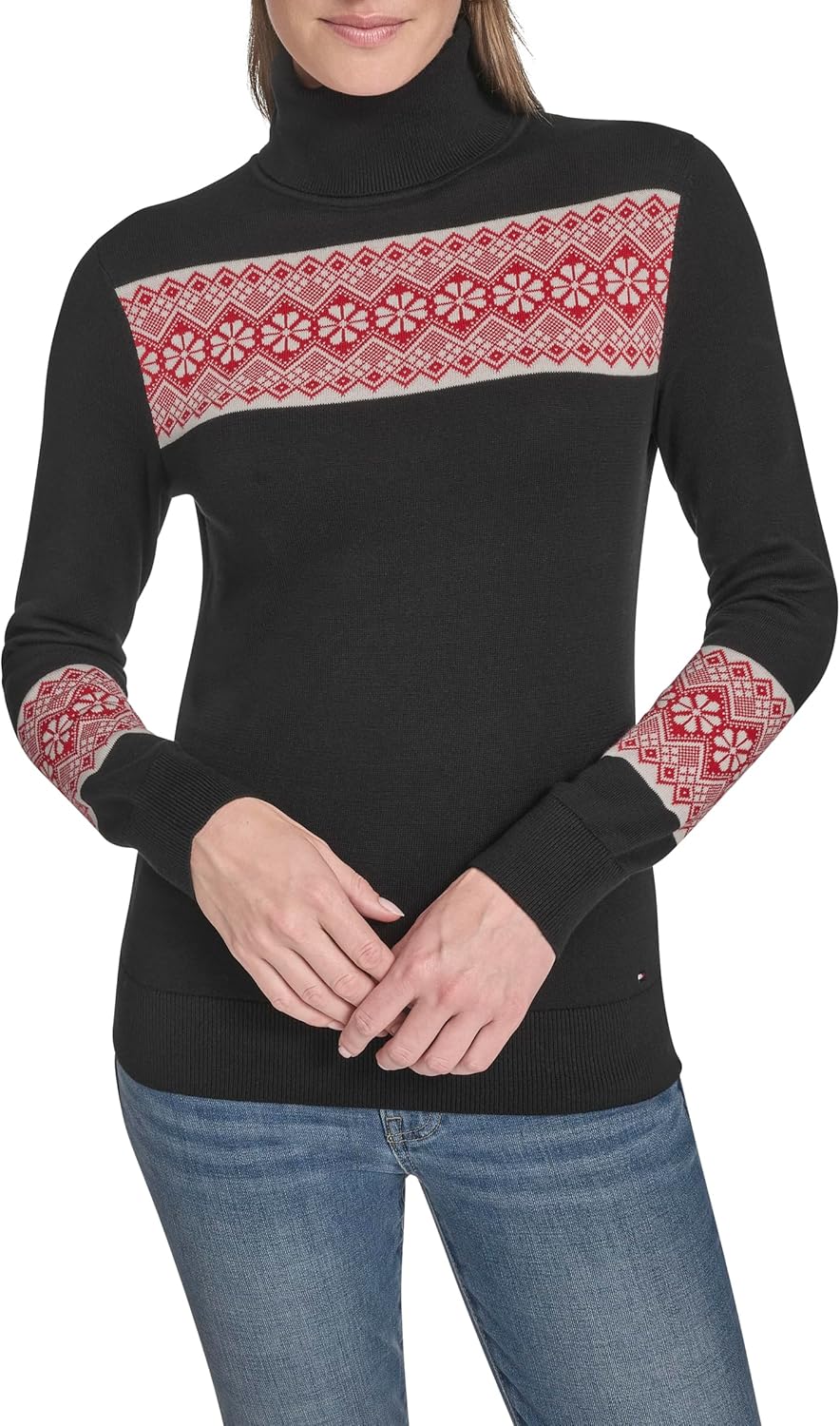 

Женская хлопковая водолазка с длинным рукавом Tommy Hilfiger, легкая, Black/ Ivory/ Scarlet