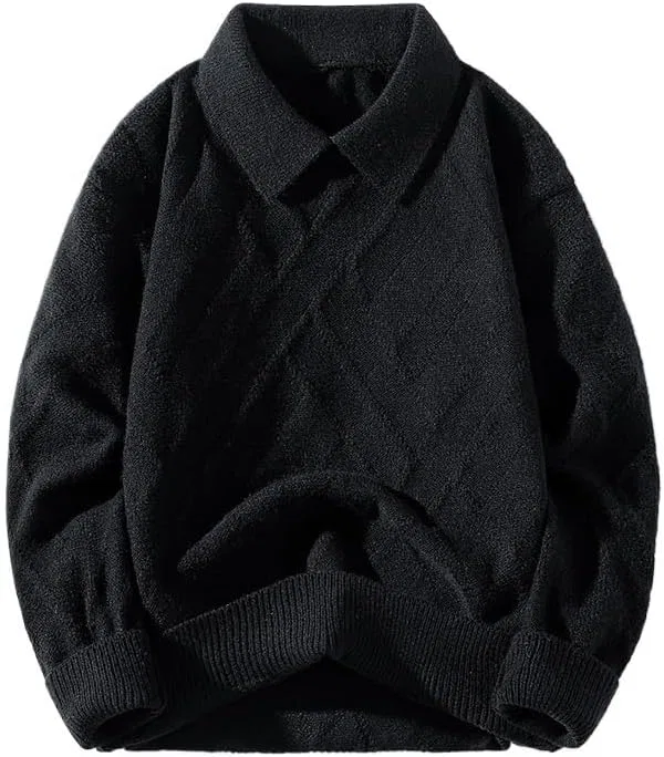 Мужской свитер-пуловер с воротником-поло, вязаный, модный, повседневный, однотонный, с косой, свободного кроя Generic, черный