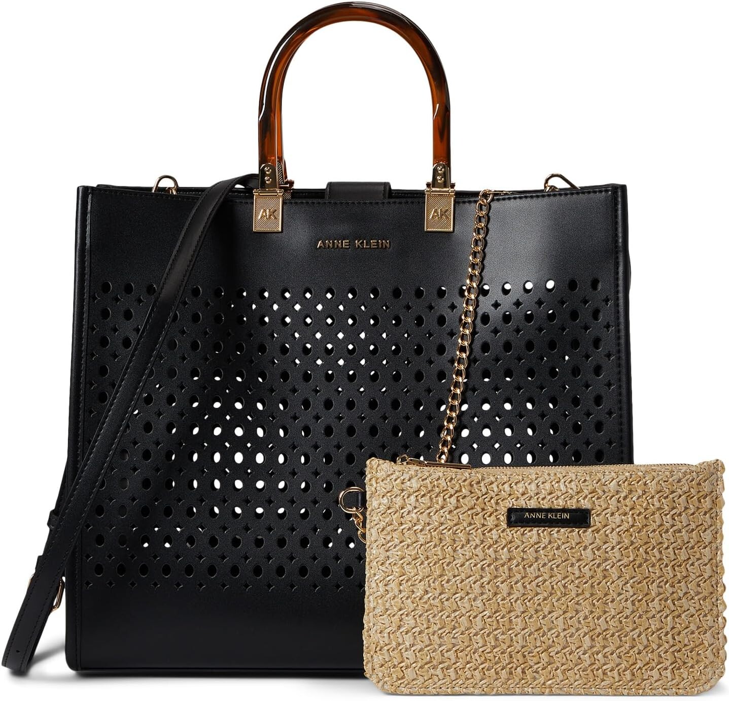 

Сумка Anne Klein Large Perf Tote w/ Straw Pouch, цвет Black/Natural, Черный, Сумка Anne Klein Large Perf Tote w/ Straw Pouch, цвет Black/Natural
