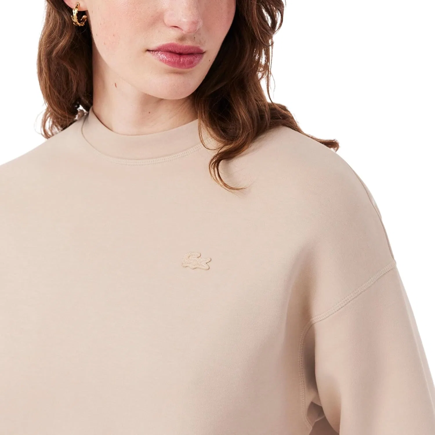 Толстовка женская Lacoste Lionne, хлопковая, с вышивкой крокодил, бежевая — фото 2