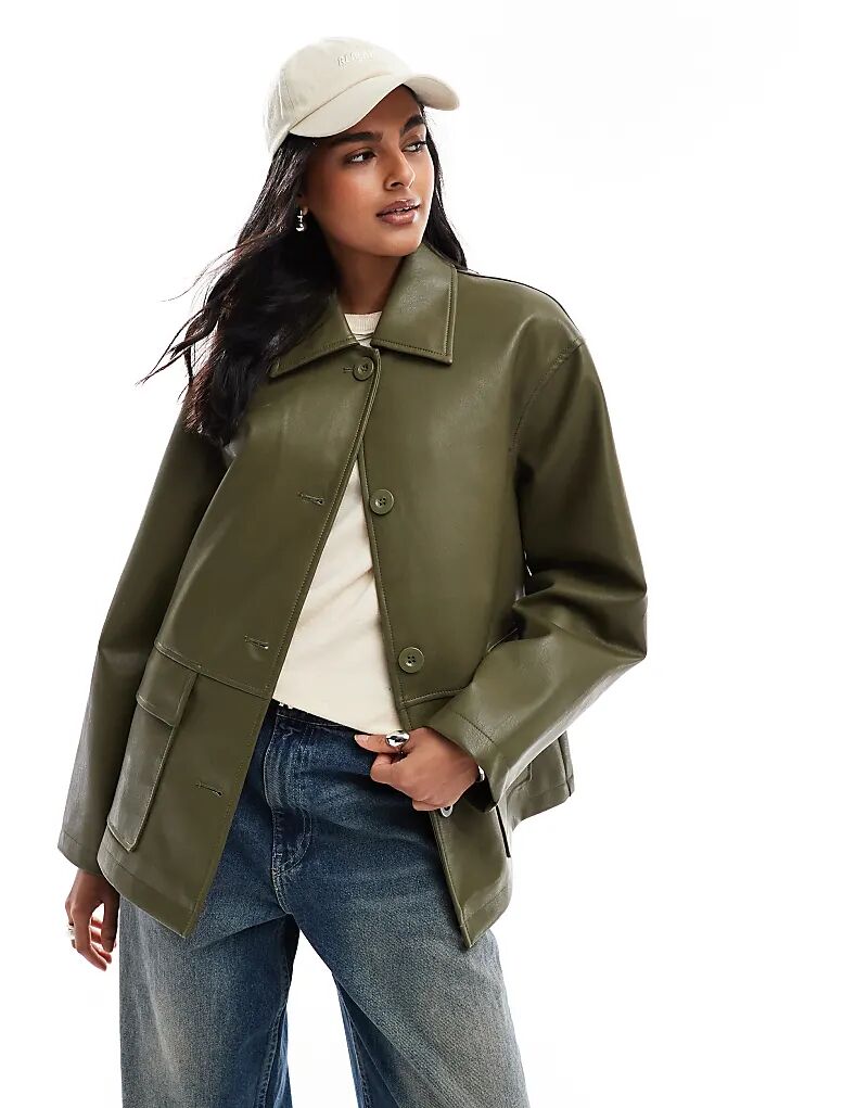 

Куртка Харрингтон ASOS DESIGN из искусственной кожи цвета хаки