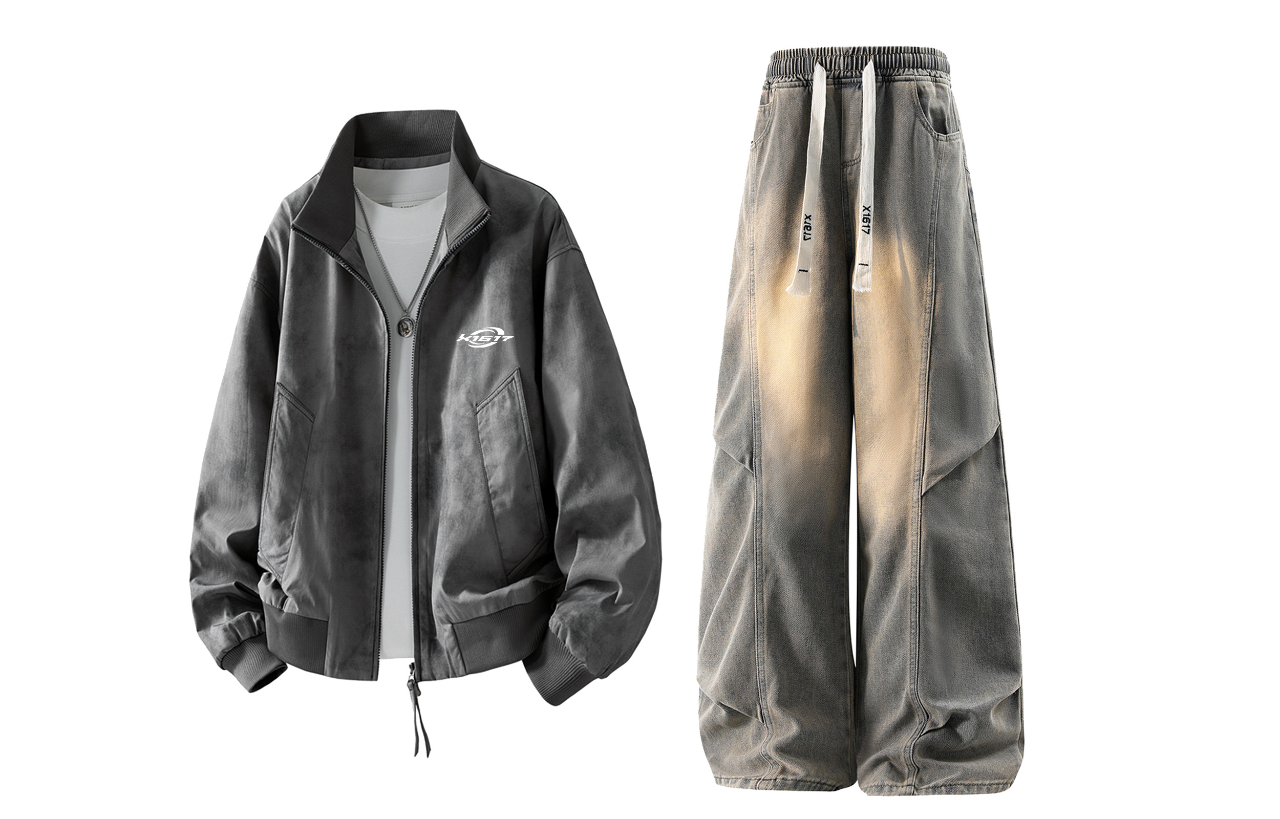 

Повседневная спортивная одежда Unisex с лацканом Lapel Moderate X1617, темно-серый top+желтый mud pants