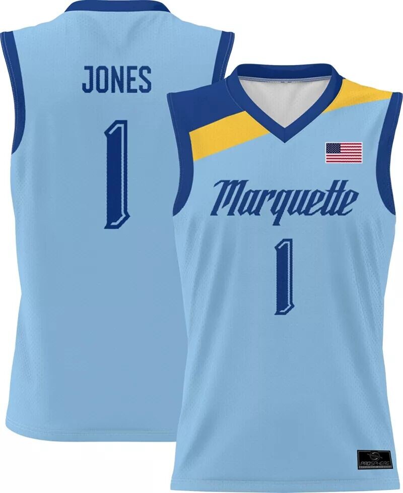

Мужская баскетбольная майка Prosphere Marquette Golden Eagles #1 синего цвета Kam Jones альтернативная полностью сублимированная баскетбольная майка