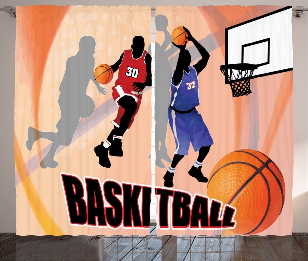 

ABAKUHAUS Sport Rustic Curtain, Vintage Basketball Art, Универсальные ленточные шторы для гостиной с петлями и крючками, 280 x 260 см, Оранжево-черный, оранжевый
