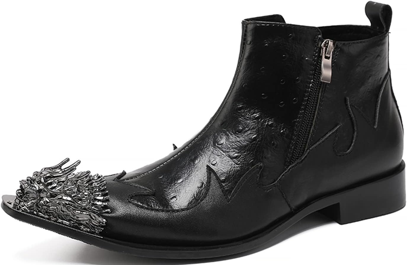 

Мужские ботинки Santimon Chelsea - настоящая кожа, ковбойские ботинки с металлическим крылом дракона на носке и двойной молнией - для торжеств, дискотек и баров, черный