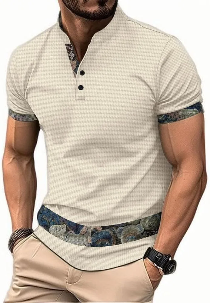 

Футболка мужская с коротким рукавом, Vintage Floral, Stand Collar Henley Pullover, Regular Fit, Moisture Wicking