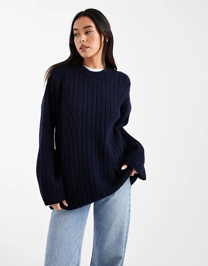 

Длинный джемпер ASOS DESIGN с круглым вырезом в рубчик темно-синего цвета
