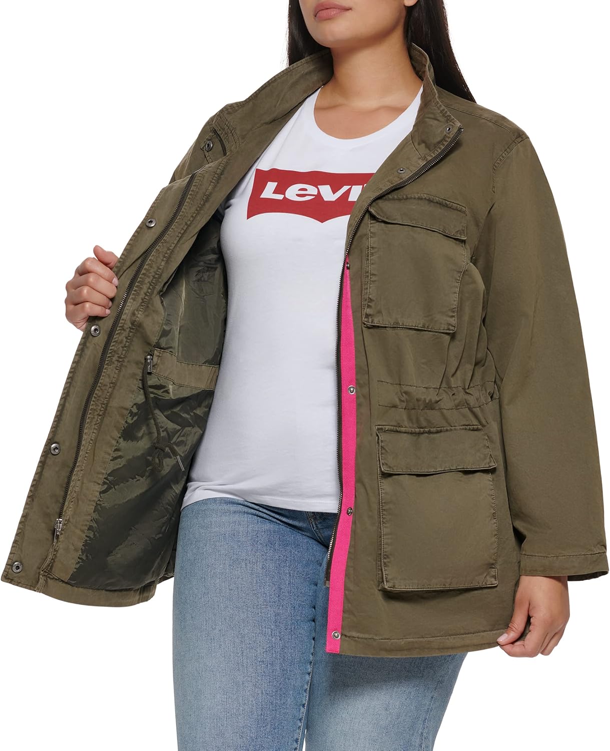 Женская хлопковая военная куртка Levi's с четырьмя карманами, Olive/Pink — фото 4