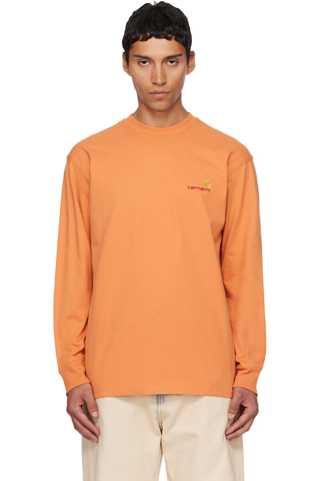 

Carhartt Work In Progress Оранжевая футболка с длинными рукавами и надписью "American Script"