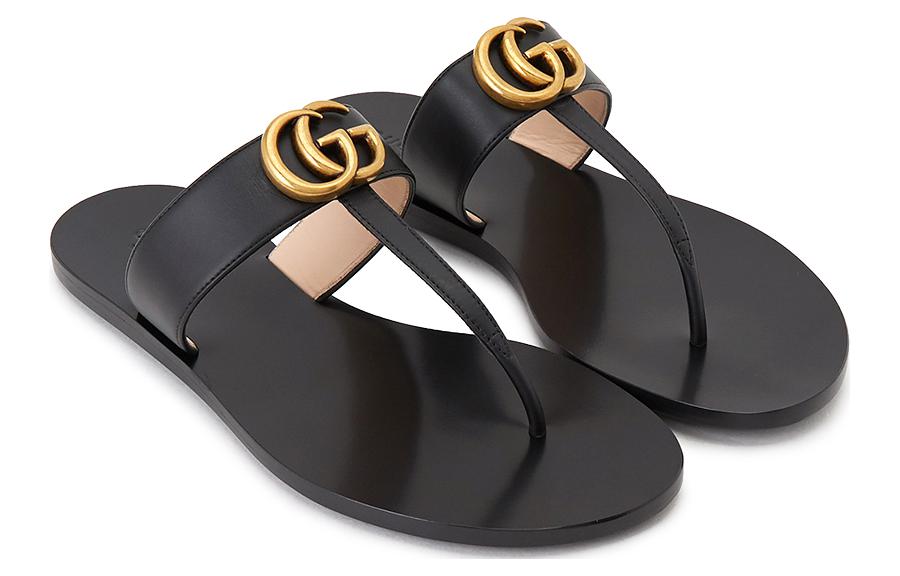 Сандалии (WMNS) Gucci Thong Sandal With Double G 'Black Leather' 497444-A3N00-1000 — фото 3