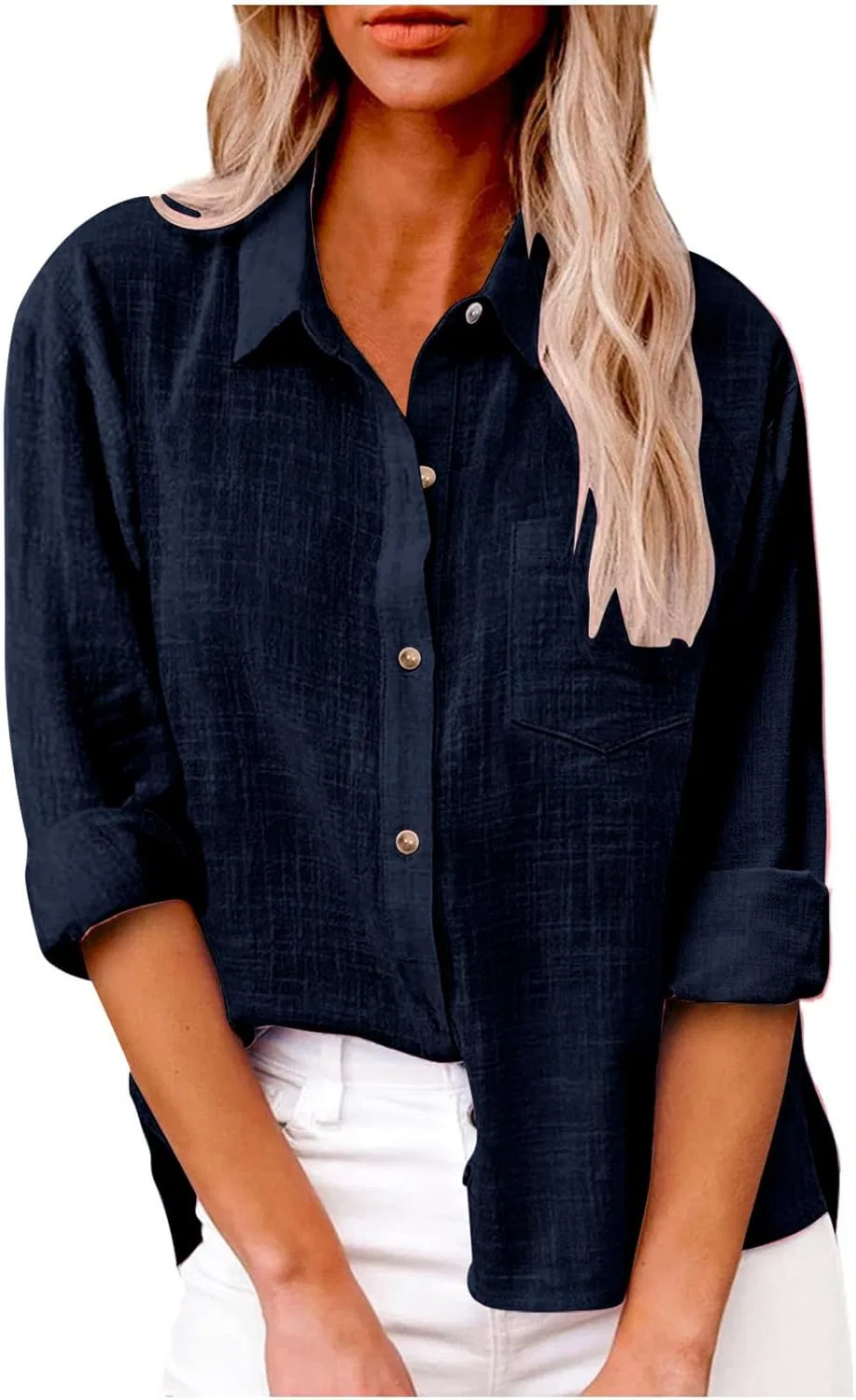 Блуза с длинным рукавом, Cotton Linen, 70% хлопок 30% лен, Navy