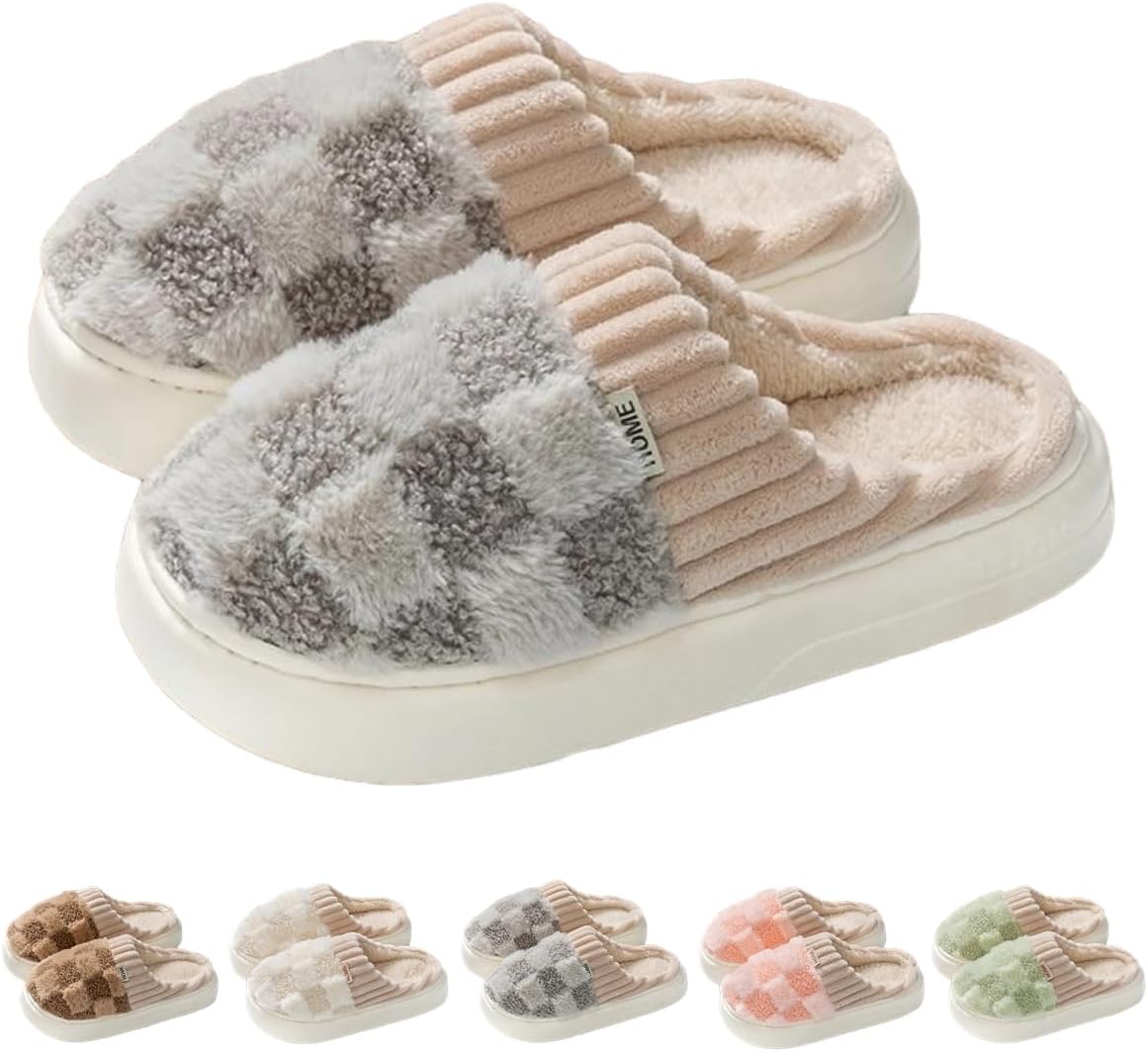 

Домашние тапочки в клетку для женщин и мужчин, плюшевые теплые пушистые тапочки Flyffy, тапочки для дома, на мягкой подошве Vttdb, серый