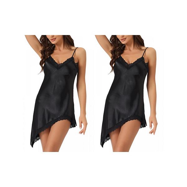 

2 шт женское белье ночная сорочка с v-образным вырезом и кружевом, асимметричный подол, короткое атласное платье-комбинация Inspire Chic, Black