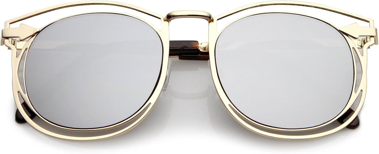 

zeroUV - Солнцезащитные очки большого размера в оправе из металлической стрелы с круглыми зеркальными линзами и плоской линзой в роговой оправе, диаметр линз 55 мм, Gold / Silver Mirror