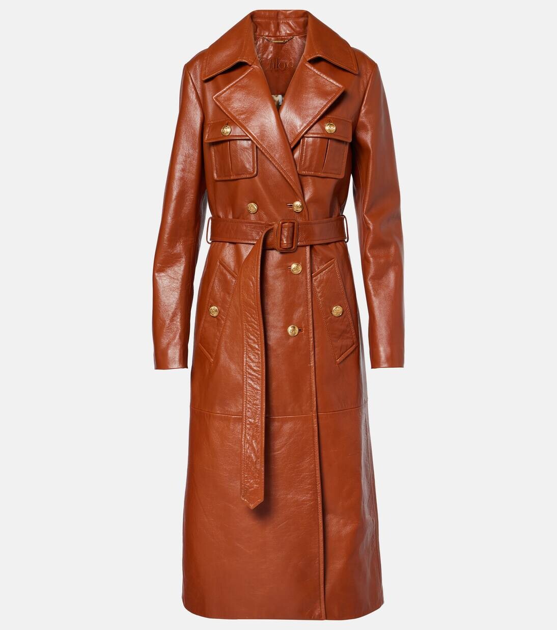 

Двубортное кожаное пальто с поясом Chloé, цвет caramello