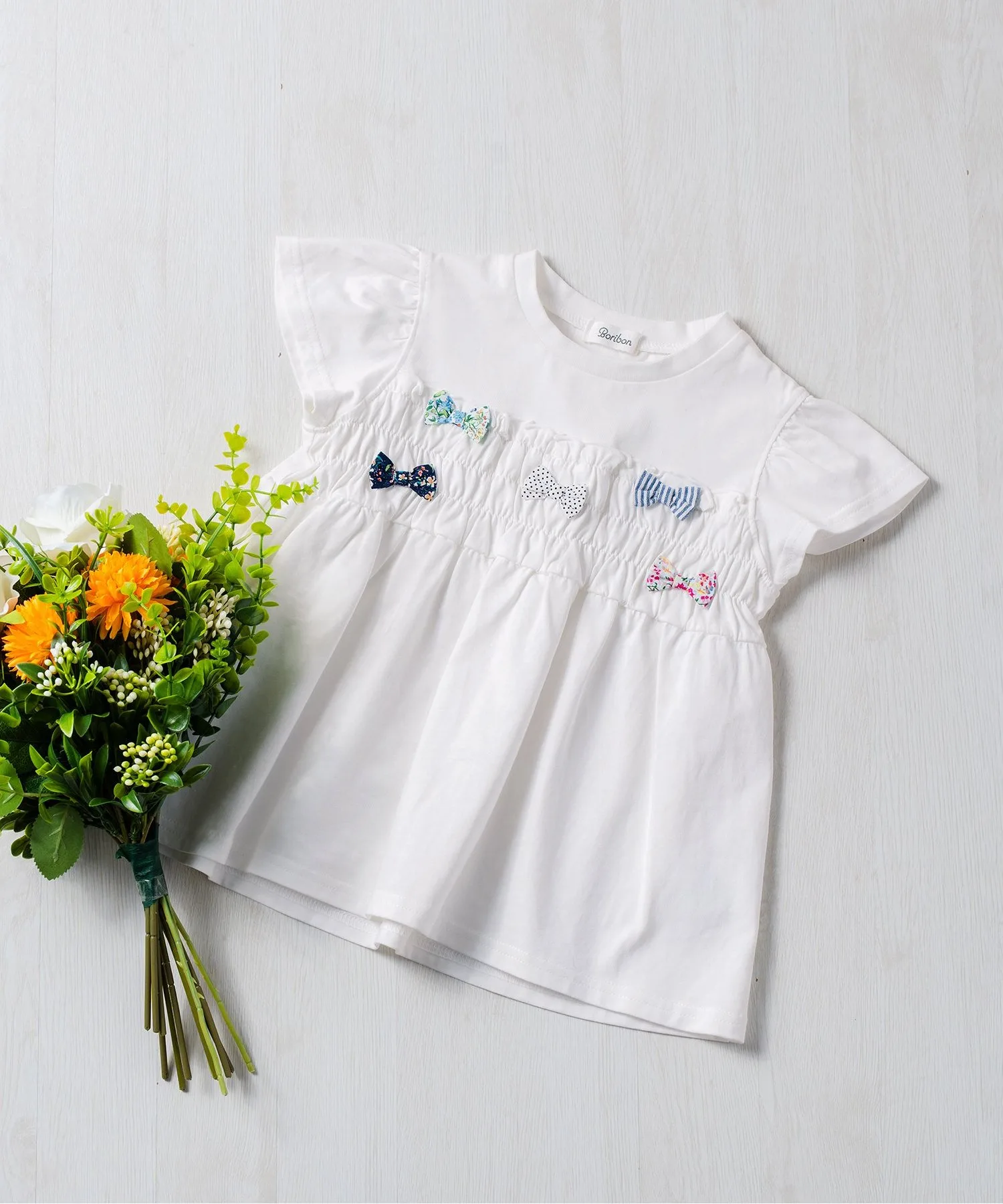 Детская футболка с рюшами и лентами Ribbon Charm Peplum Boribon бежевая