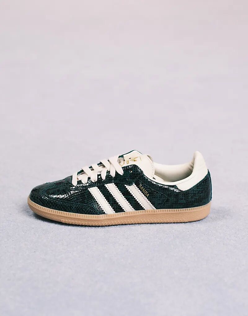 Кроссовки Adidas Originals Samba OG темно-зеленого и кремового цветов со змеиным принтом — фото 2