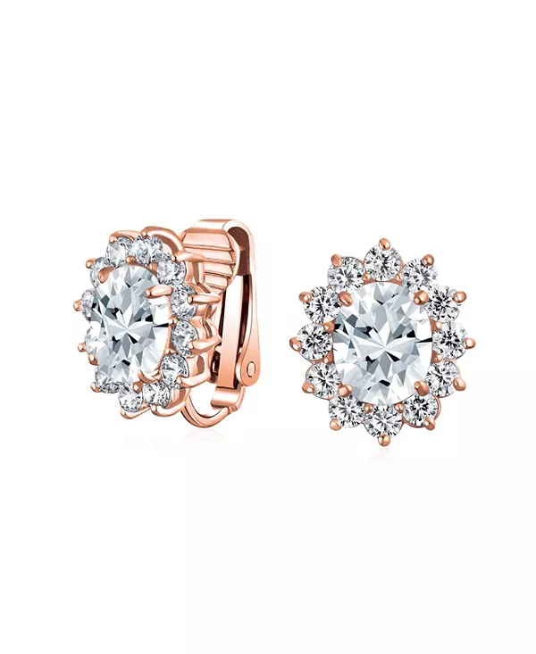 

Классические овальные серьги-клипсы с кубическим цирконием и короной-ореолом, не прокалываемые уши Bling Jewelry, rose