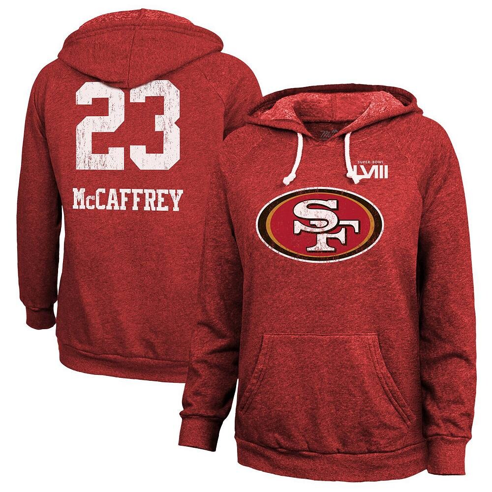 

Женский пуловер Majestic Threads Christian McCaffrey Scarlet San Francisco 49ers Super Bowl LVIII, пуловер с капюшоном и именем и номером, красный