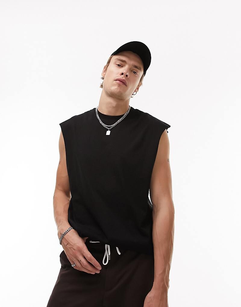 

Черная футболка свободного кроя без рукавов Topman