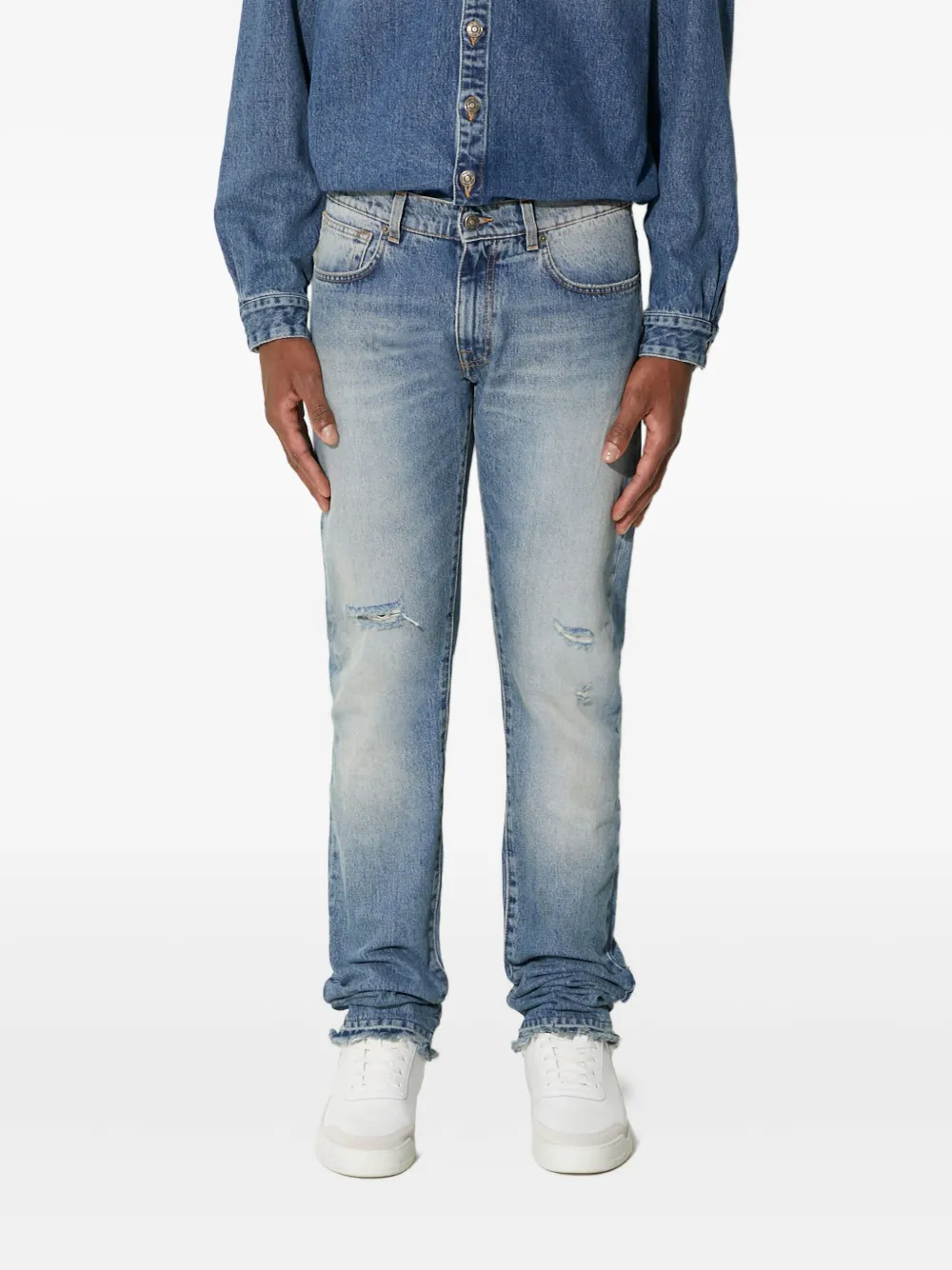 

Джинсы с эффектом потертостей и необработанным краем 424, синий