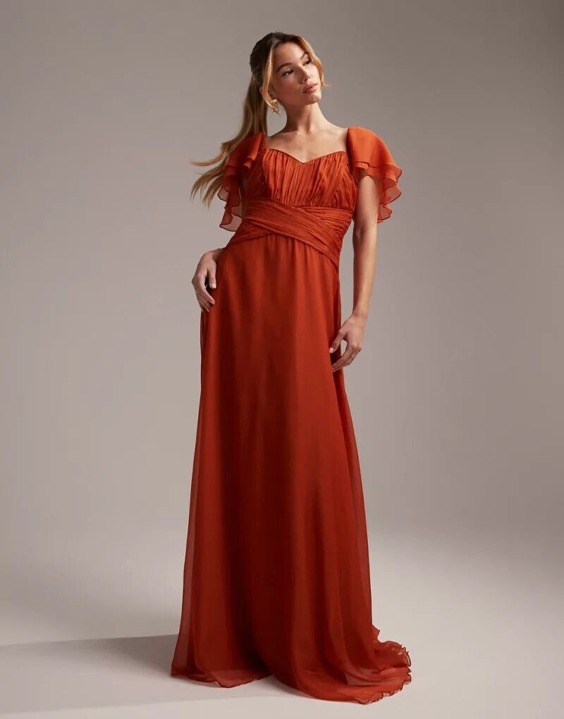 

Ржавое платье макси со сборками и короткими рукавами ASOS Bridesmaid