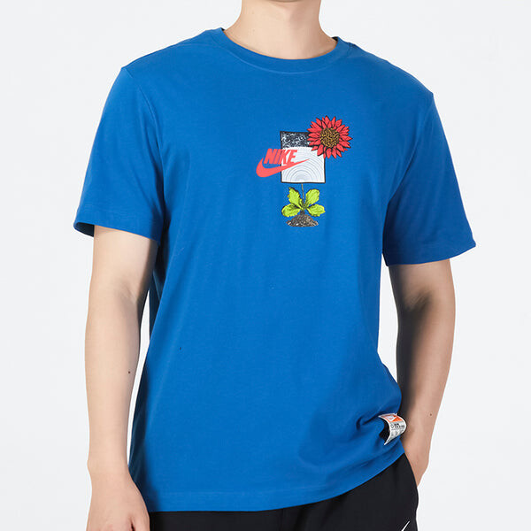 Футболка Men's Nike Logo Plant Flowers Pattern Printing Round Neck Casual Short Sleeve Sky Blue T-Shirt, мультиколор — фото 3