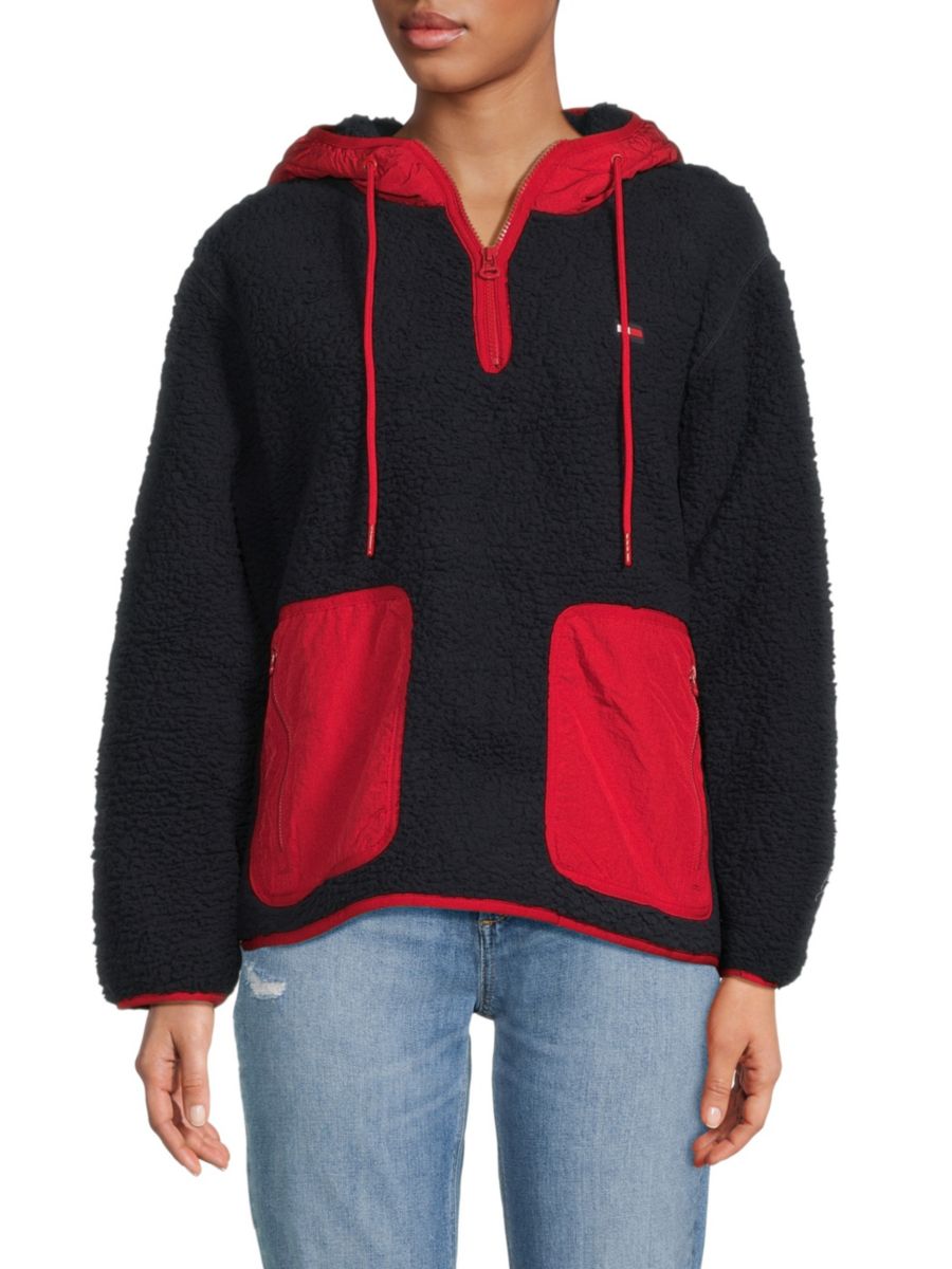 

Пуловер из искусственной овчины с капюшоном и застежкой-молнией на четверть длины Tommy Hilfiger, темно-синий