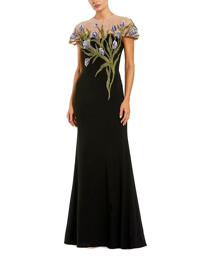 

Женское платье с цветочной вышивкой и прозрачной вставкой на горловине Jersey Floral Embroidered Illusion Neck Gown Mac Duggal, мультиколор