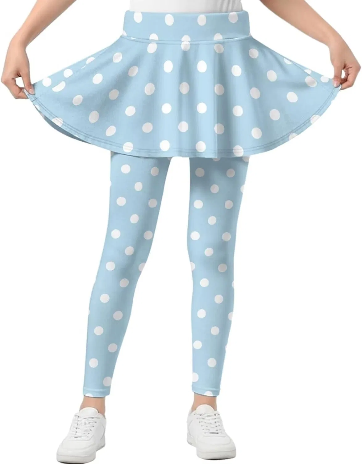Леггинсы с юбкой для девочек Hresuewn, 2-в-1, White Polka Dot-blue