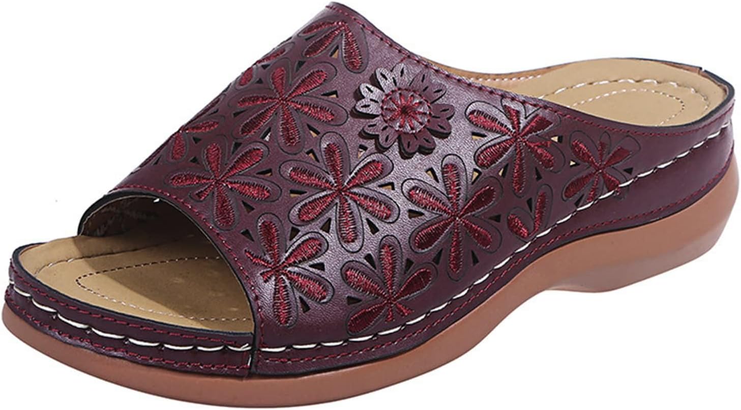 

Женские сандалии на танкетке Ортопедические сандалии для женщин С декоративными вырезами и цветами Дышащая обувь, удобные тапочки для ходьбы Повседневные сандалии с открытым носком, носить целый день с комфортом Generic, красный