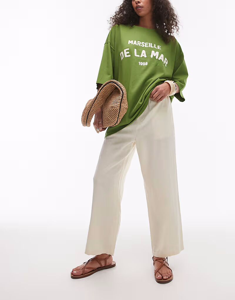 

Льняные брюки со средней посадкой и нестандартной длиной в цвете пахты Topshop