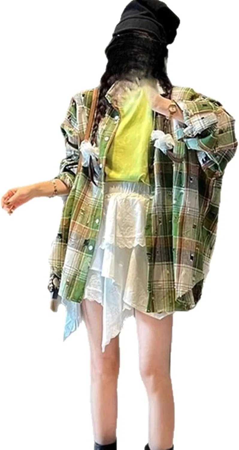 Рубашка женская в клетку с потертостями, Vintage Plaid Long Shirt, зеленый