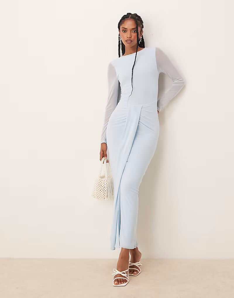

Платье макси ASOS DESIGN из сетки с длинными рукавами, косым вырезом, открытой спиной и поясом нежно-голубого цвета