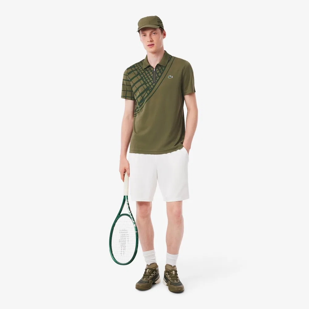 Мужская теннисная рубашка поло Lacoste с короткими рукавами и молнией, цвета хаки