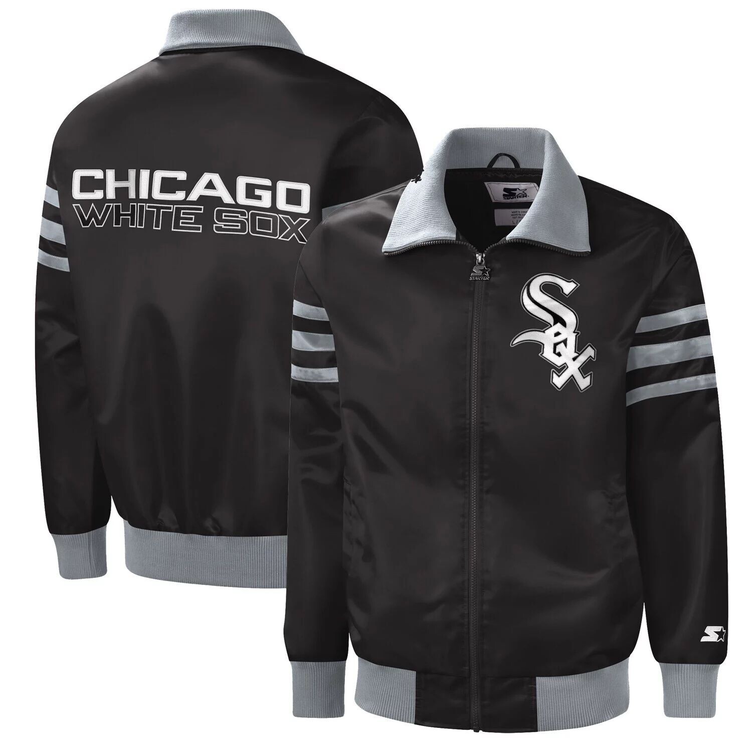 

Мужская черная университетская куртка с молнией во всю длину Chicago White Sox The Captain II Starter, Черный, Мужская черная университетская куртка с молнией во всю длину Chicago White Sox The Captain II Starter