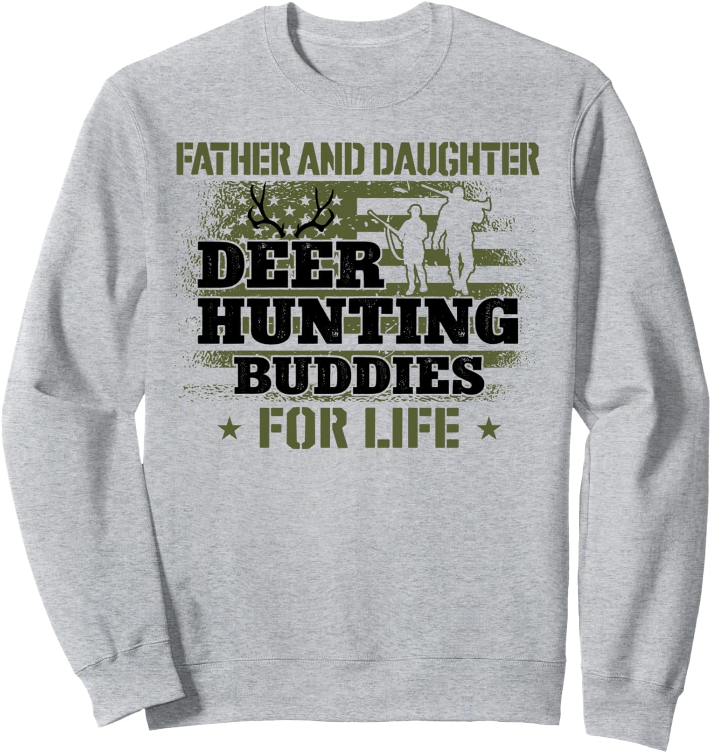 

Отец и дочь-охотники в толстовках и с флагами на голове охотятся на оленя-самца Deer Buck Hunting Hunter Da0, серый