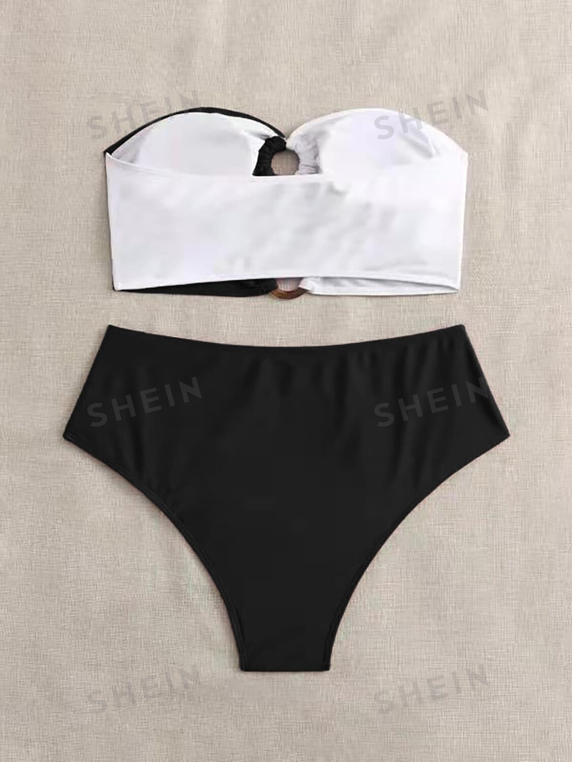 

Комплект бикини Swim Curve для летнего пляжа Модель Color Block Топ с бретельками и брюки с высокой посадкой Shein, черно-белый