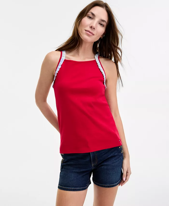 

Женская хлопковая майка с высоким воротником и рюшами Tommy Hilfiger, красный